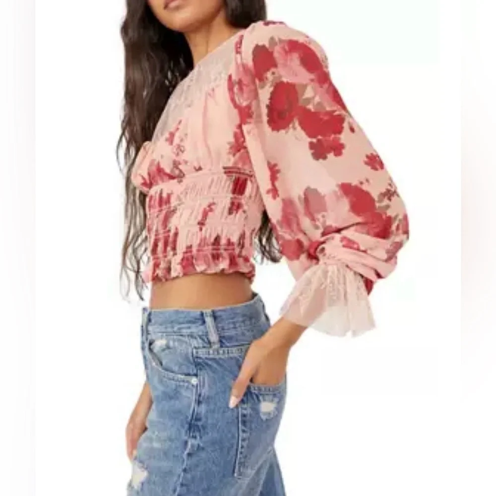 NWT Free People Daphne Romantic Floral Lace Smocked Long Sleeve Blouse Medium ❤️